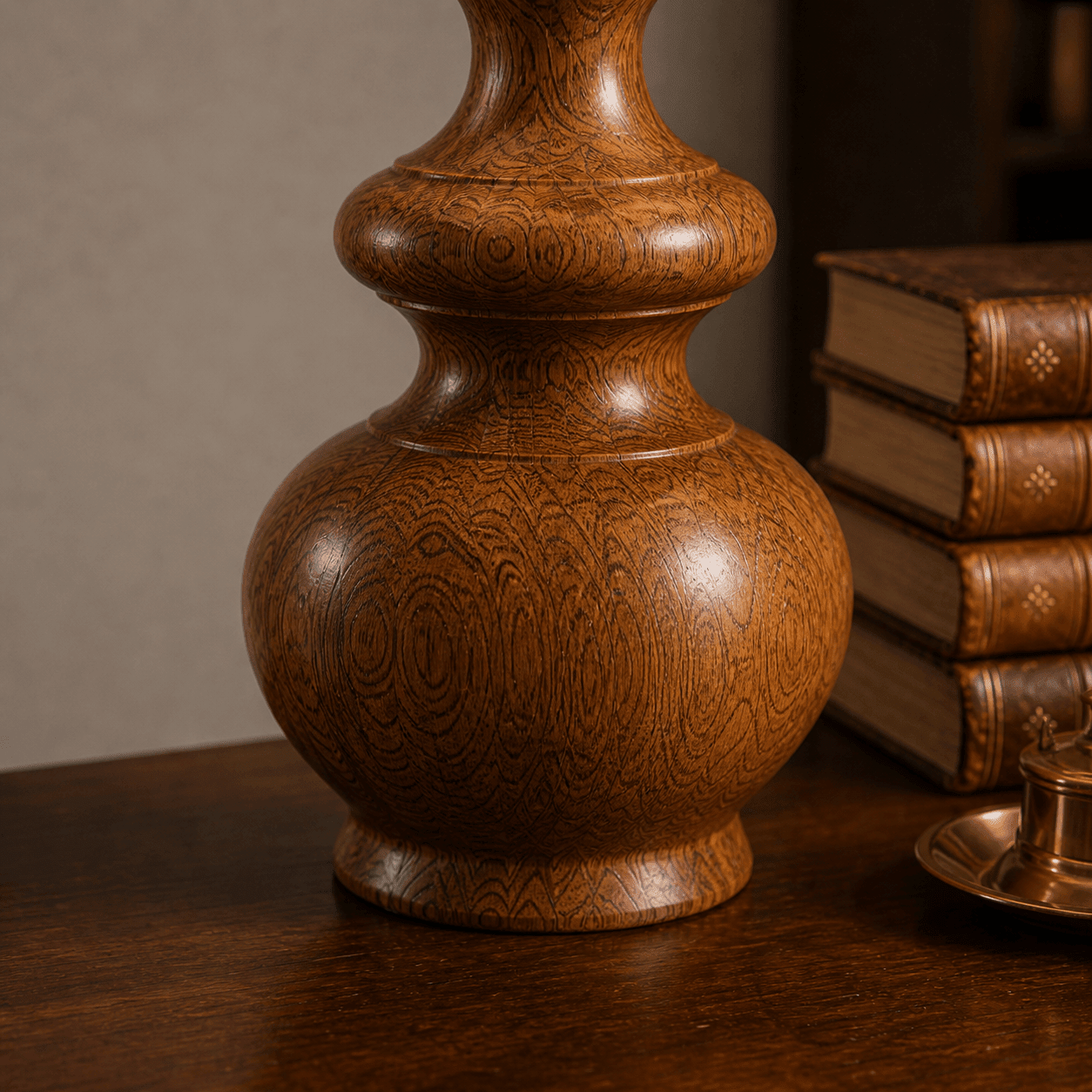 Classic Baluster wooden table lamp side view — handcrafted natural wood table lamp Lahore
