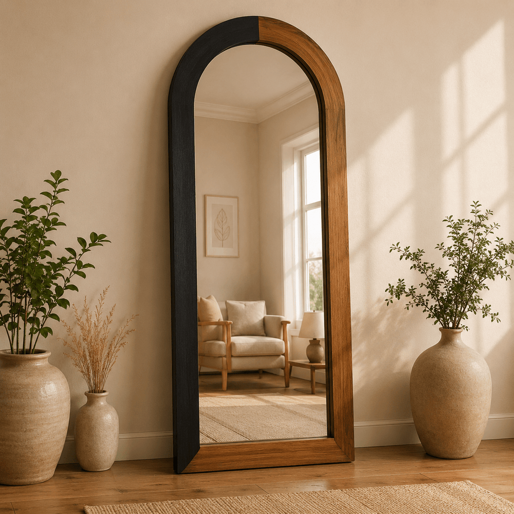 Two-tone arched floor mirror with black and walnut wooden frame by Wood Evoke