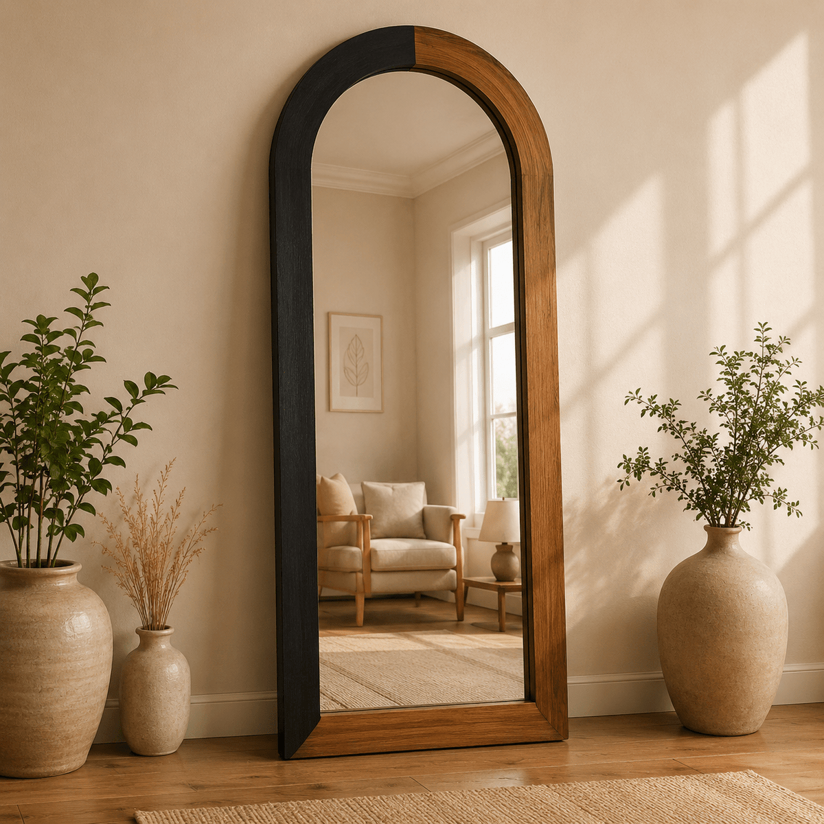 Two-Tone Arched Floor Mirror – Black & Walnut Wooden Frame