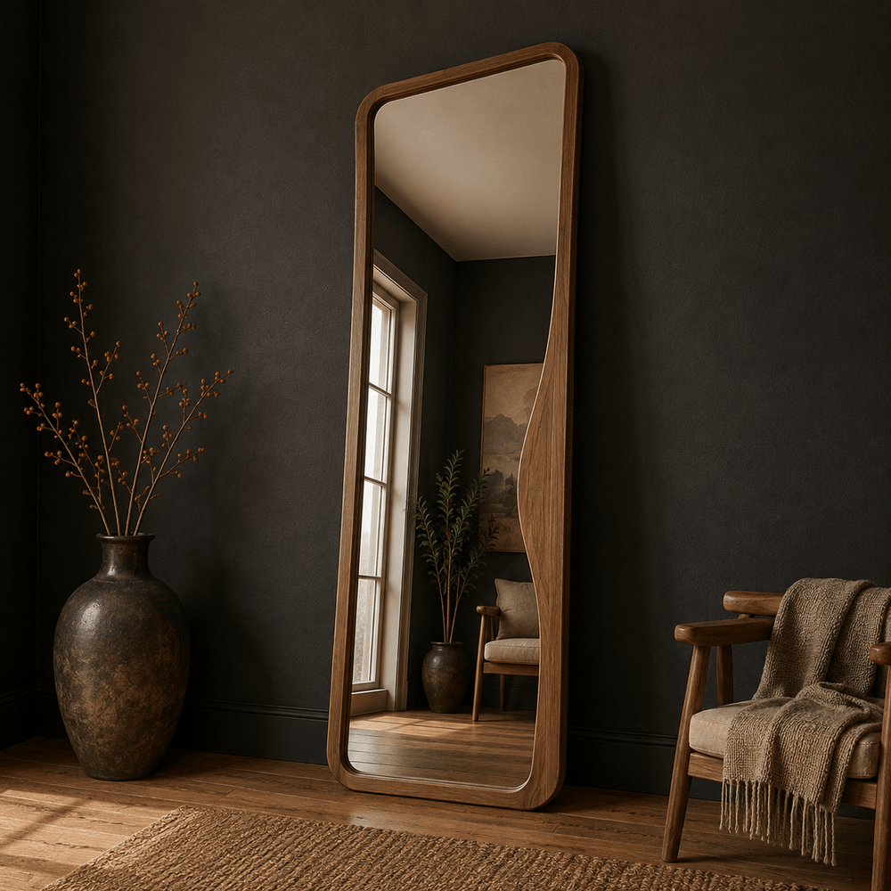 Wave design floor mirror with rounded walnut wooden frame by Wood Evoke