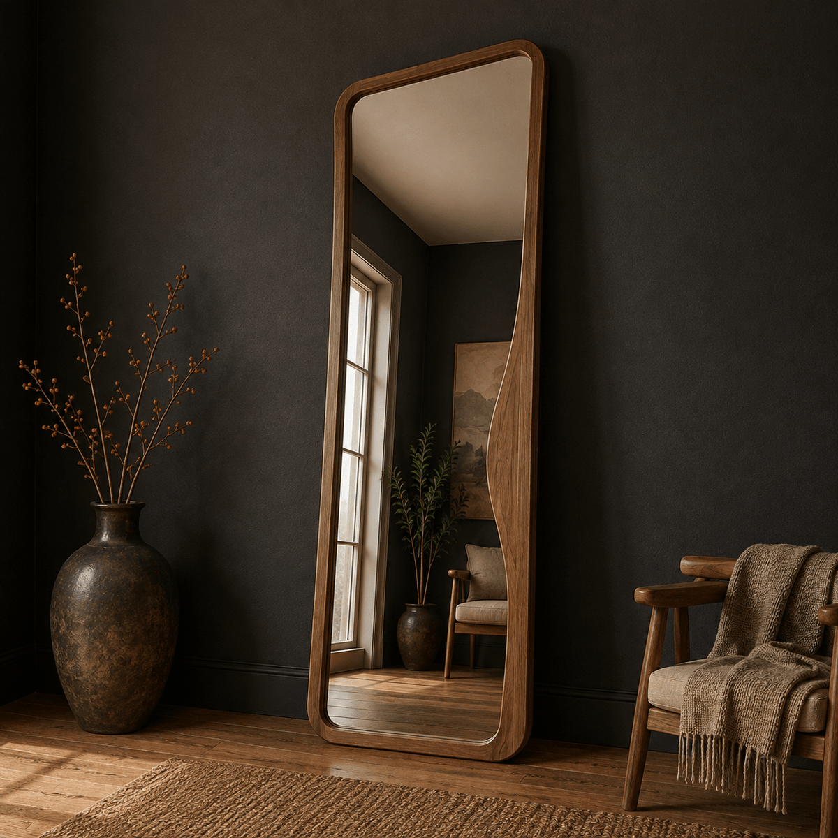 Wave Design Floor Mirror – Rounded Wooden Frame, Walnut Finish