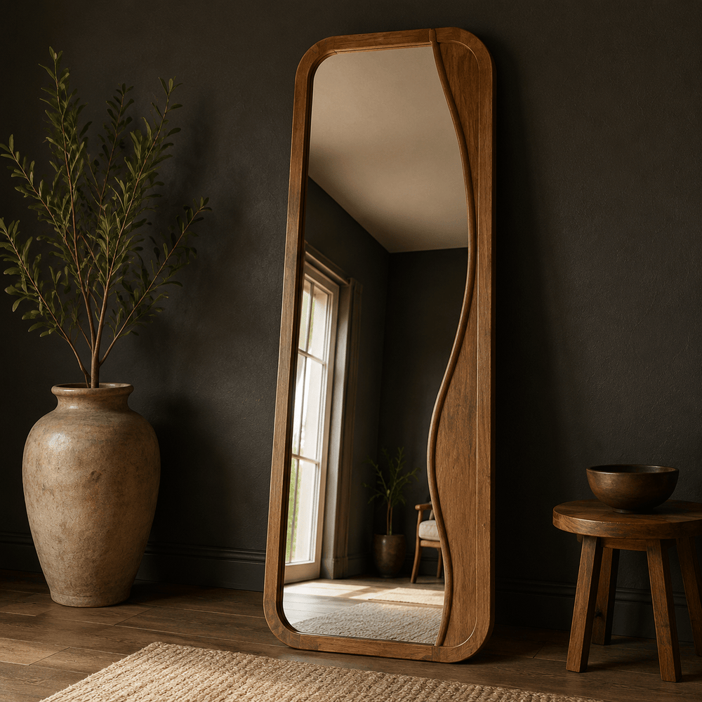 Wave inlay floor mirror with rounded natural wood frame by Wood Evoke